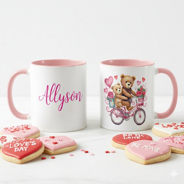 Valentine teddy bears on bicycle personalized mug (Creator Uploaded)