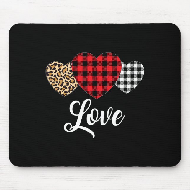 Valentine Three Hearts Leopard Buffalo Plaid Valen Mouse Pad (Front)