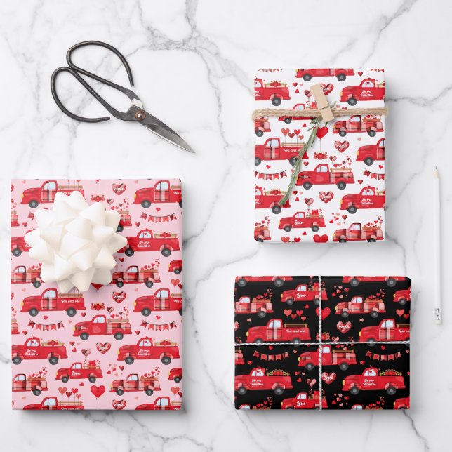 Valentine Trucks on Pink, White and Black Wrapping Paper Sheet (Front)