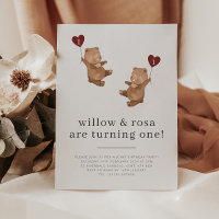 Valentine Twins Bear First Birthday Invitation 