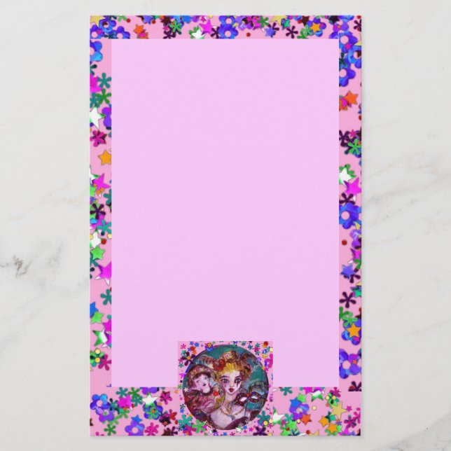 VALENTINE VENETIAN MASQUERADE MASKS Pink Confetti Stationery (Front)