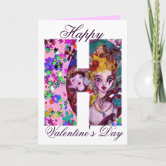 VALENTINE VENETIAN MASQUERADE MONOGRAM H LETTER HOLIDAY CARD (Front)