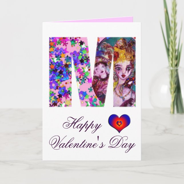 VALENTINE VENETIAN MASQUERADE MONOGRAM M LETTER HOLIDAY CARD (Front)