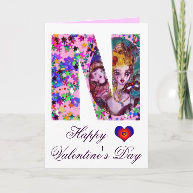 VALENTINE VENETIAN MASQUERADE MONOGRAM N LETTER HOLIDAY CARD (Front)