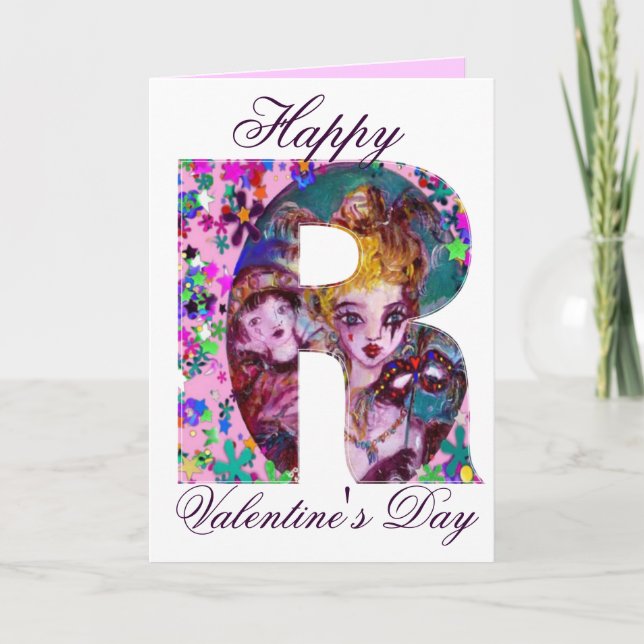 VALENTINE VENETIAN MASQUERADE MONOGRAM R LETTER HOLIDAY CARD (Front)