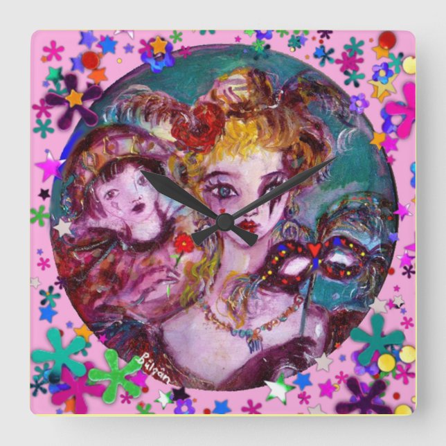 VALENTINE VENETIAN MASQUERADE PARTY SQUARE WALL CLOCK (Front)