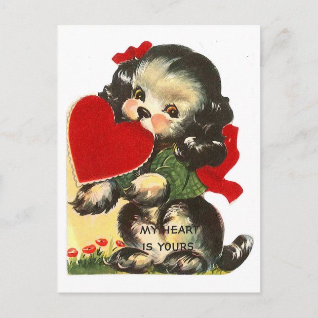 Valentine Vintage Cute Puppy and Heart Holiday Postcard (Front)