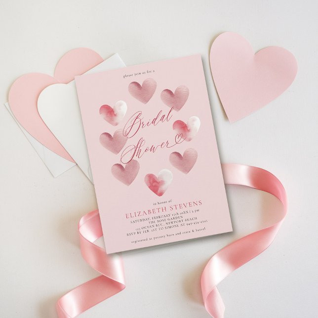 Valentine Whimsical Heart Dusty Pink Bridal Shower Invitation (valentine bridal shower invitations whimsical hearts watercolor elegant modern love dusty pink)