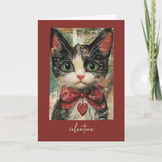 Valentine Whimsical Painterly Cat with Red Heart Card (Front)