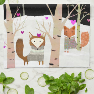 Valentine Woodland Foxes Kitchen Tea Towel