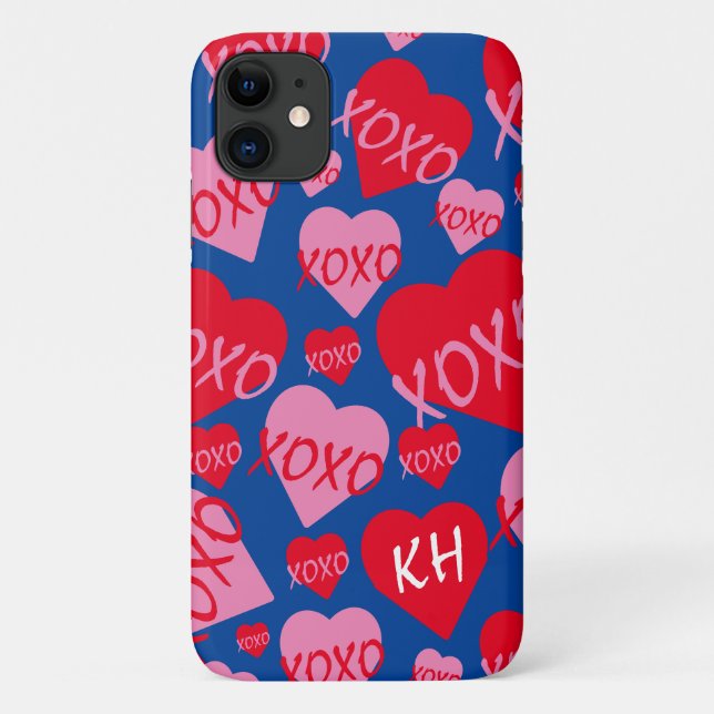 Valentine XOXO Heart Pink Red Pattern Blue Name Case-Mate iPhone Case (Back)
