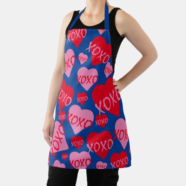 Valentine XOXO Heart Pink Red Pattern Modern Blue Apron (Insitu)