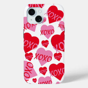 Valentine XOXO Heart Pink Red Pattern Modern White iPhone 15 Case