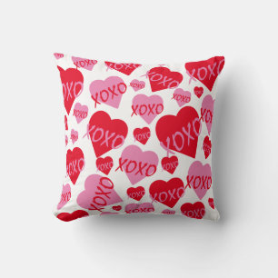 Valentine XOXO Heart Pink Red Pattern White Throw Pillow