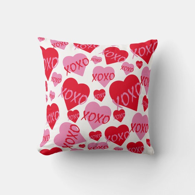 Valentine XOXO Heart Pink Red Pattern White Throw Pillow (Front)