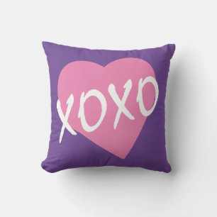 Valentine XOXO kisses hugs Pink Heart Purple Throw Pillow