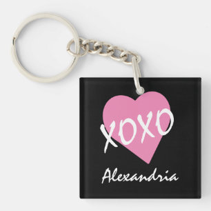 Valentine XOXO Pink Heart Named Black Keychain