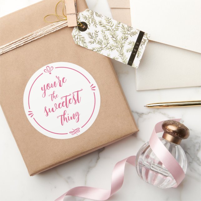 Valentine You're the Sweetest Thing Hot Pink Classic Round Sticker (Gifting)