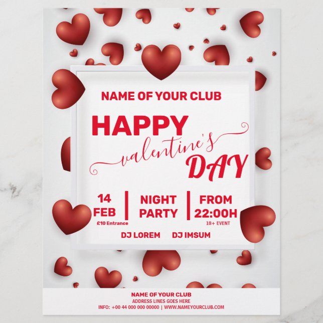 Valentines 3D Red Hearts Party Flyer (Front)