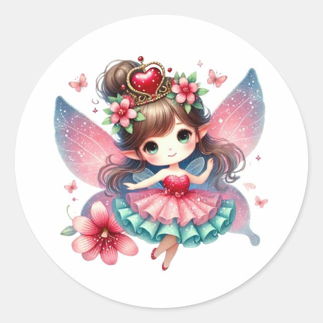 Valentines Adorable Fairy Classic Round Sticker (Front)