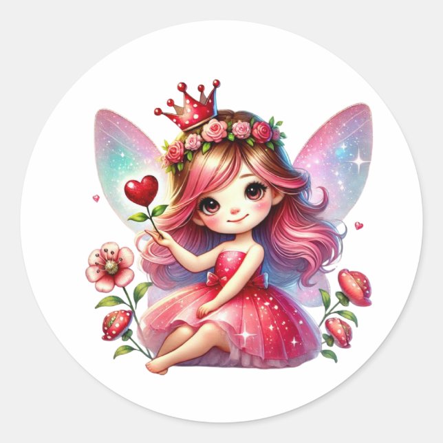 Valentines Adorable Fairy Classic Round Sticker (Front)