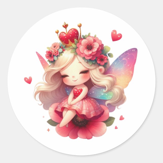 Valentines Adorable Fairy Classic Round Sticker (Front)
