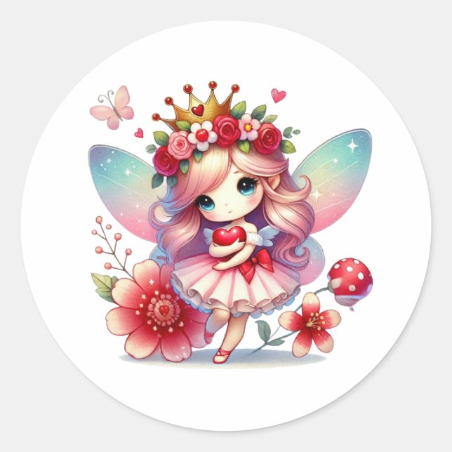 Valentines Adorable Fairy Classic Round Sticker (Front)