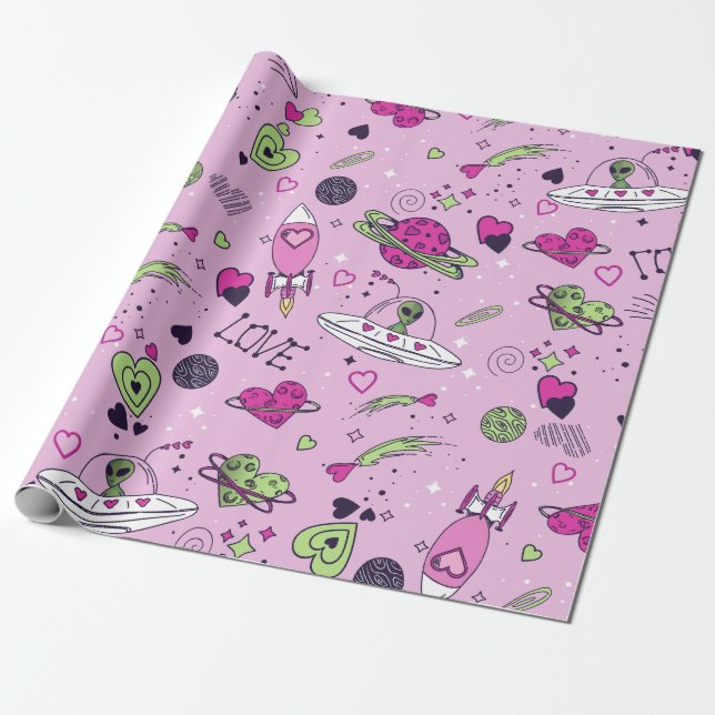 valentines alien love ufo spaceship pink wrapping paper (Unrolled)