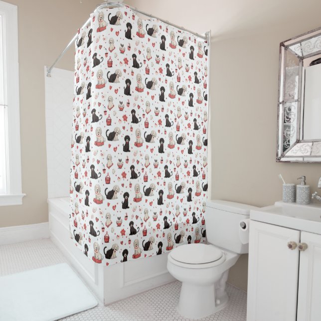 Valentines and Dogs Red White Shower Curtain (In Situ)