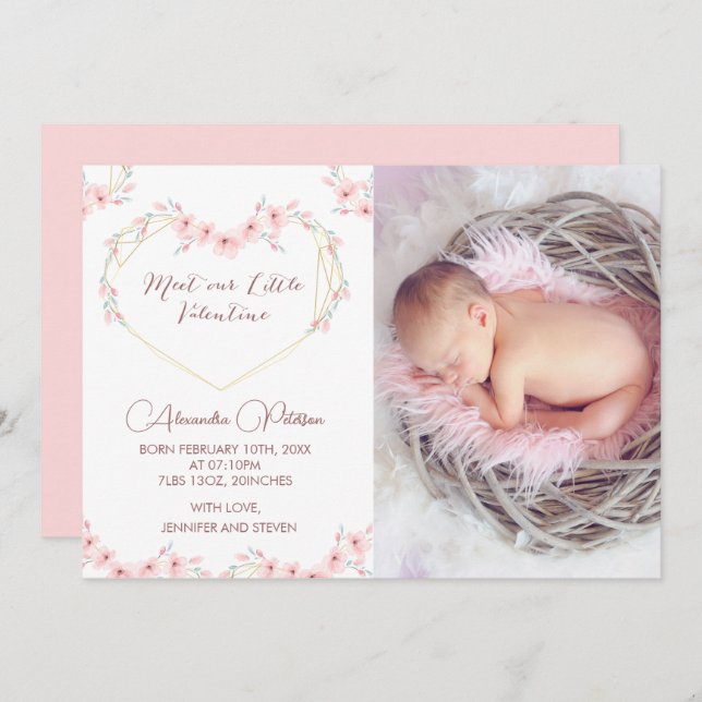 Valentines birth announcement card Elegant white (Front/Back)