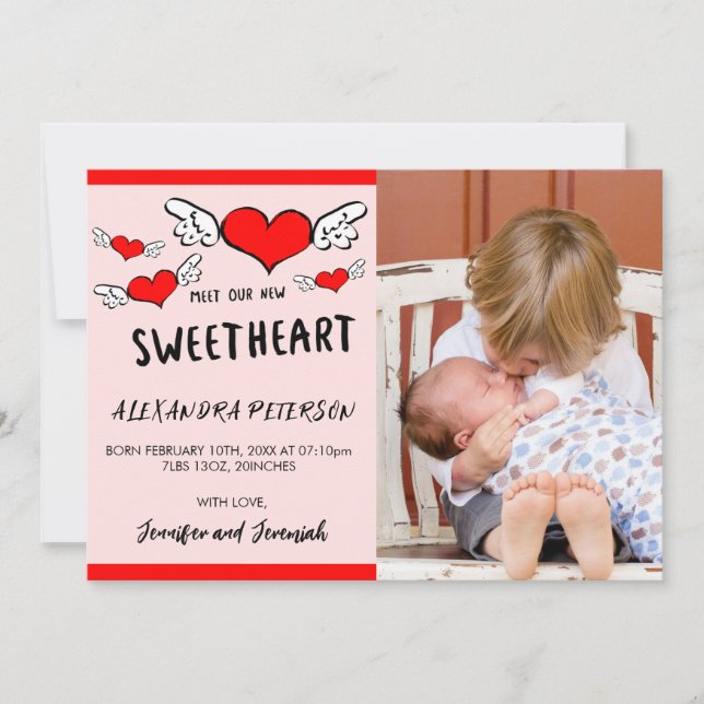 Valentines birth announcement card newborn hearts (Front)