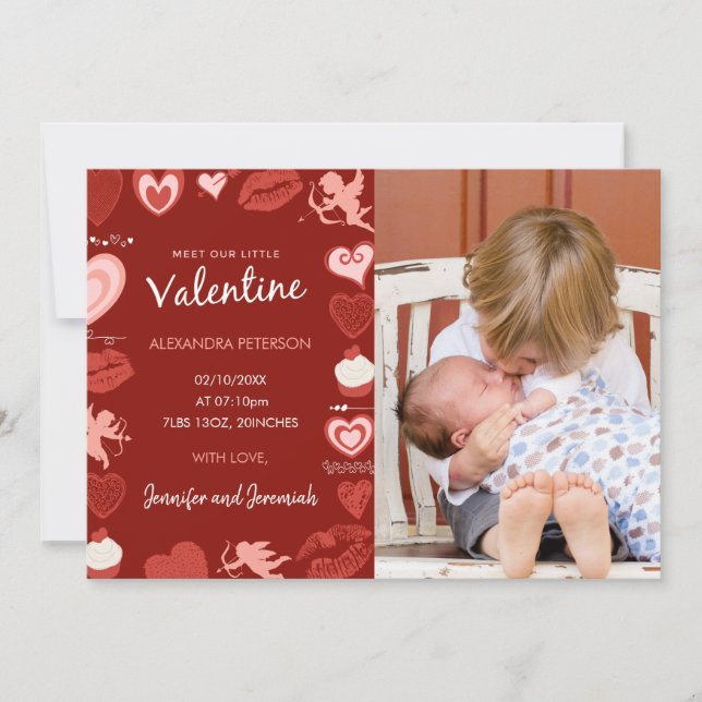 Valentines birth announcement card red pink modern (Front)