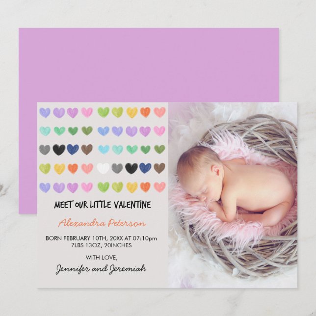 Valentines birth announcement colourful sweet hear (Front/Back)