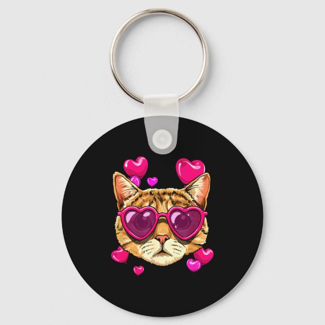 Valentines Ca Kitten Wearing Sungl Heart Cat Lover Keychain (Front)