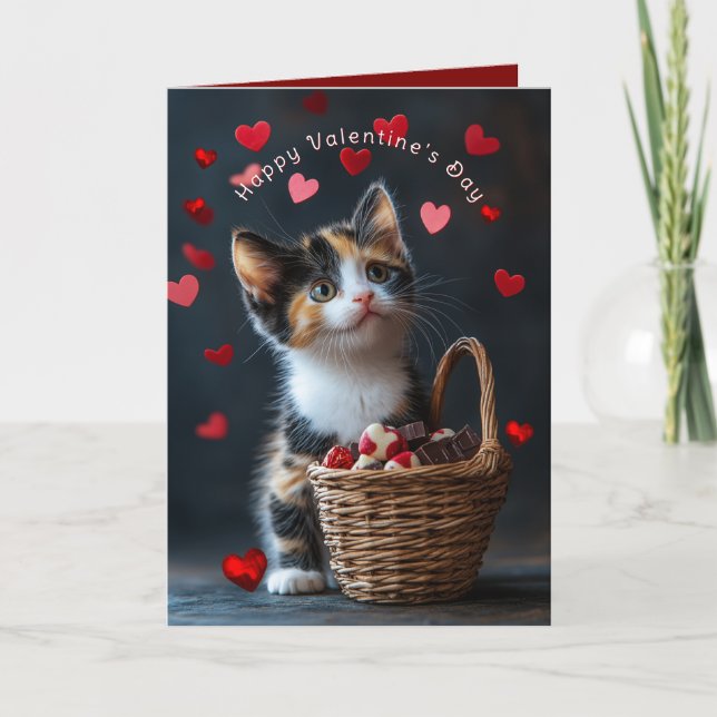 Valentine's Calico Kitten Chocolates Red Hearts  Card (Front)