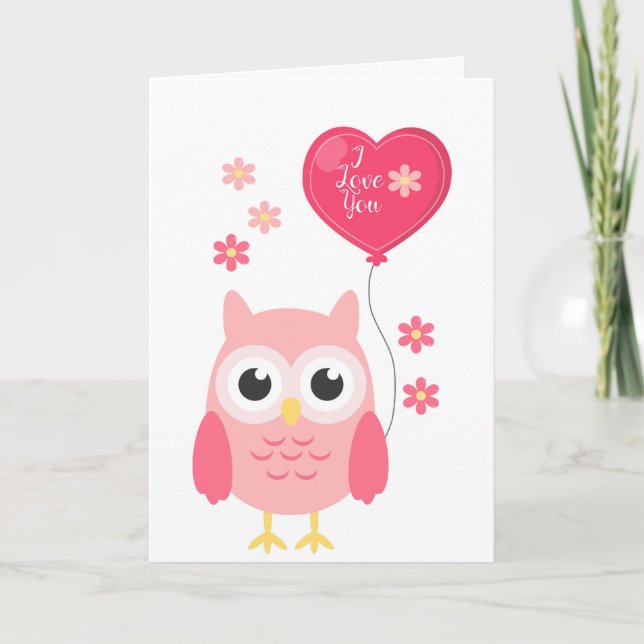 Valentines Carte Jour Jolie Chouette Rose Je Vous  (Devant)