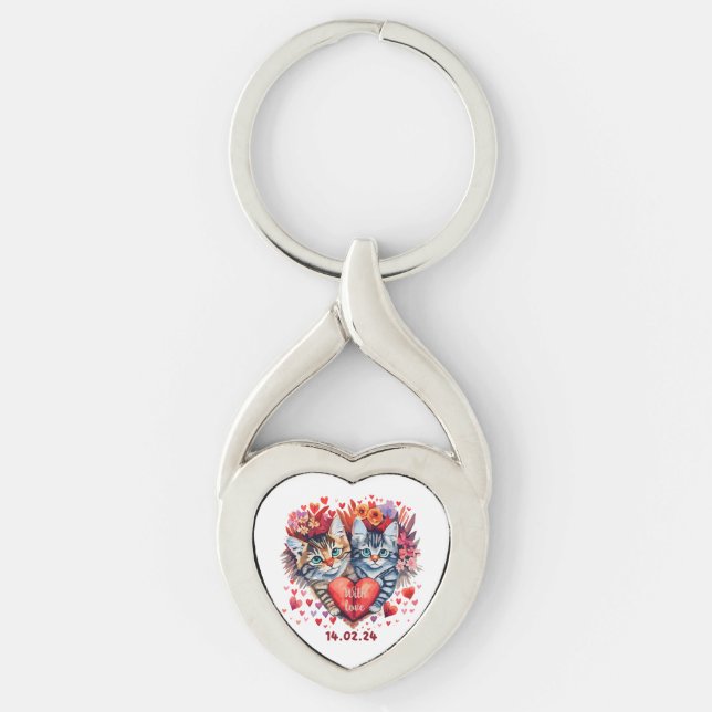 Valentines cats with heart keychain (Front)