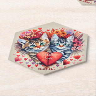 Valentines cats with heart paper coaster