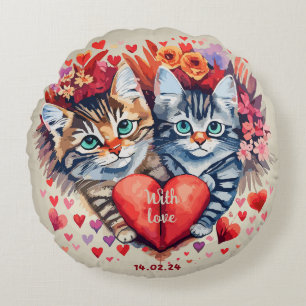 Valentines cats with heart round pillow