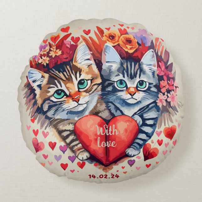 Valentines cats with heart round pillow (Front)