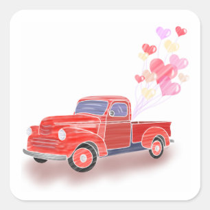 Valentine's Classic Red Truck with Heart Balloons  Square Sticker