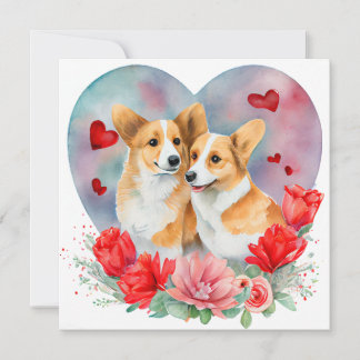 Valentines Corgi Pair, Heart, Flowers, Watercolor  Holiday Card