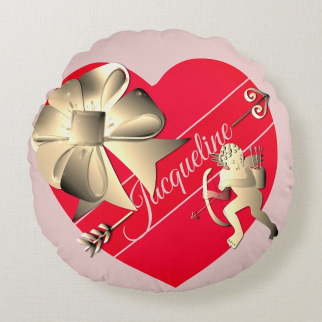 Valentine's Cupid Heart Round Pillow (Front)