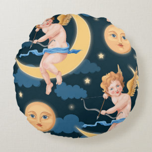 Valentine's cupid, moon: seamless pattern round pillow