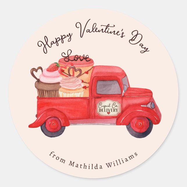Valentine's Cupid's Delivery Red Truck Classic Round Sticker (Front)