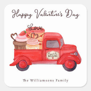 Valentine's Cupid's Delivery Red Watercolor Truck Square Sticker