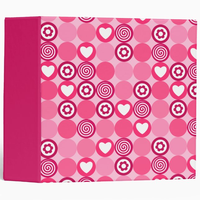 Valentines Cute Pink Heart and Flower Dots Pattern Binder (Front/Spine)