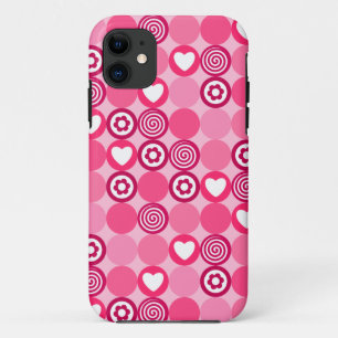 Valentines Cute Pink Heart and Flower Dots Pattern iPhone 11 Case