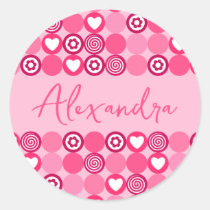 Valentines Cute Pink Heart and Flower Pattern Name Classic Round Sticker