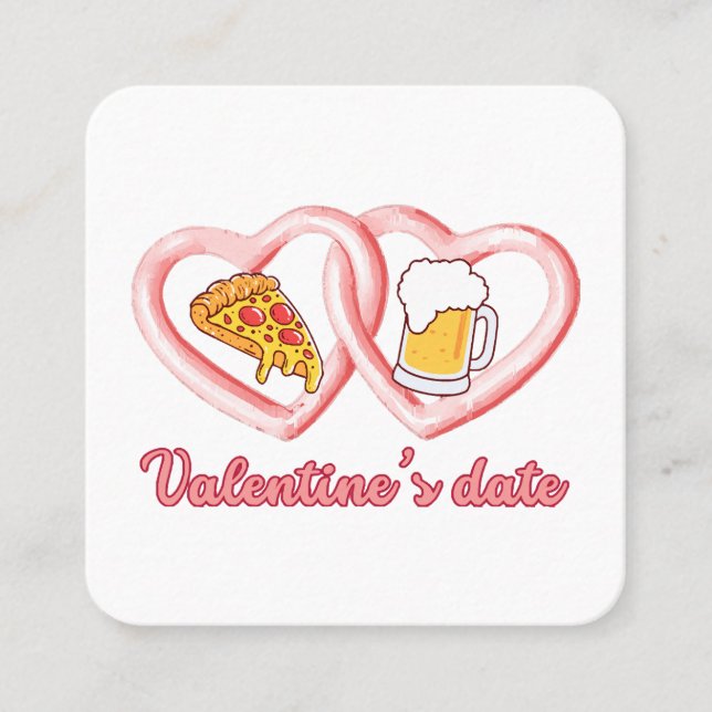 Valentine's Date Pizza Beer Square Business Card (Front)